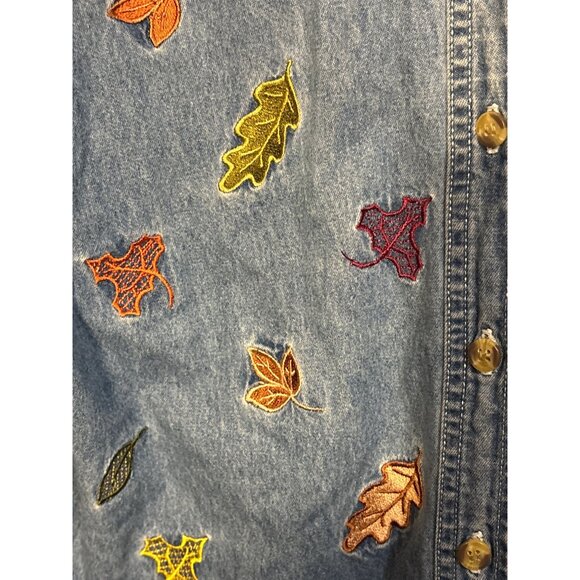 Bobbie Brooks Denim Shirt With Fall Leaf Embroidery & Paisley Collar S - Picture 2 of 5